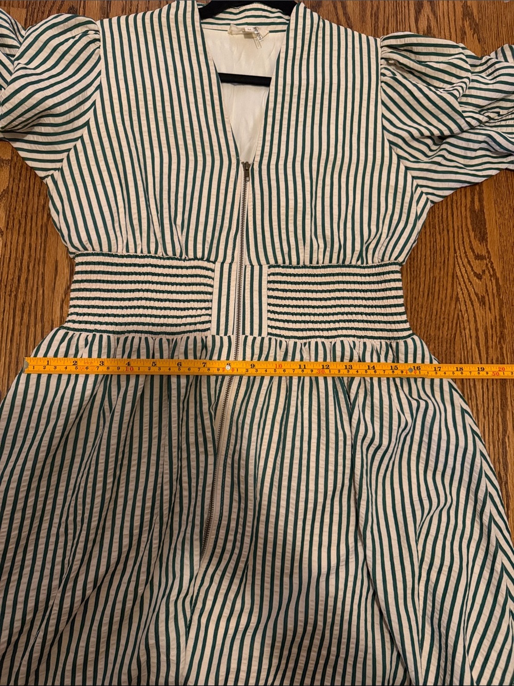 Entro Green White Striped Smocked Waist Puff Sleeve Zipper Front Midi Dress M - Picture 9 of 11